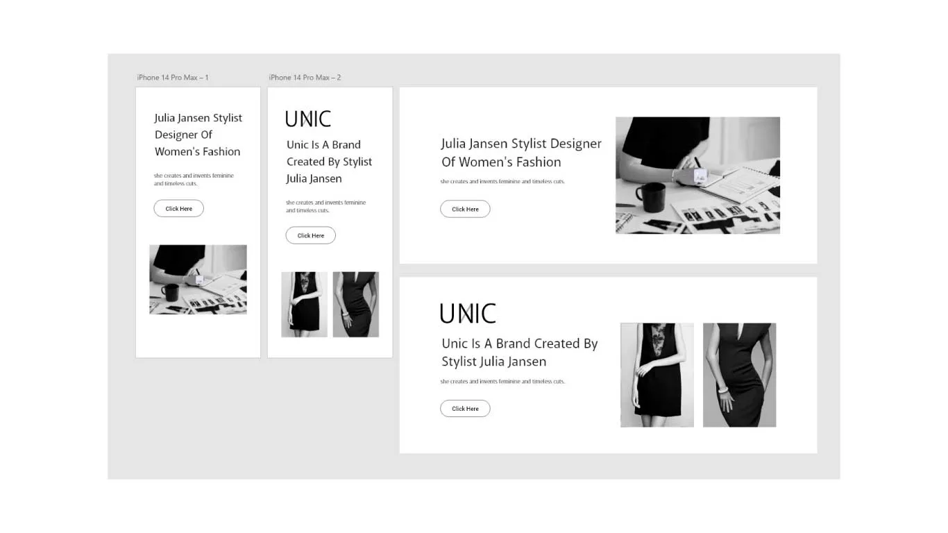 Template imaginée pour le site web de la marque de vêtement féminin "UNIC"