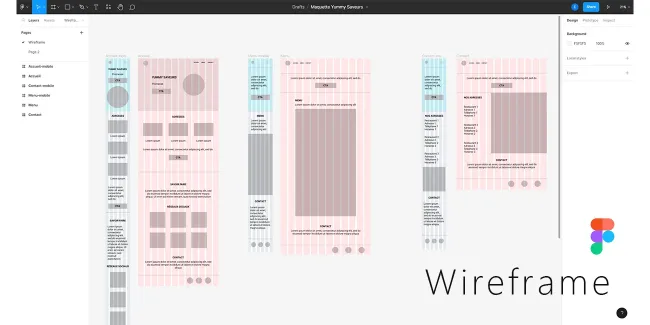 Maquette wireframe avec colonnes, créée sur le logiciel Figma.