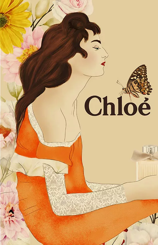 illustration publicitaire. Simulation d'une publicité pour la marque de parfum Chloé. Une femme de profil assise avec une robe orange sur un tapis de fleur. Illustration inspirée d'une peinture de Gustav Klimt.